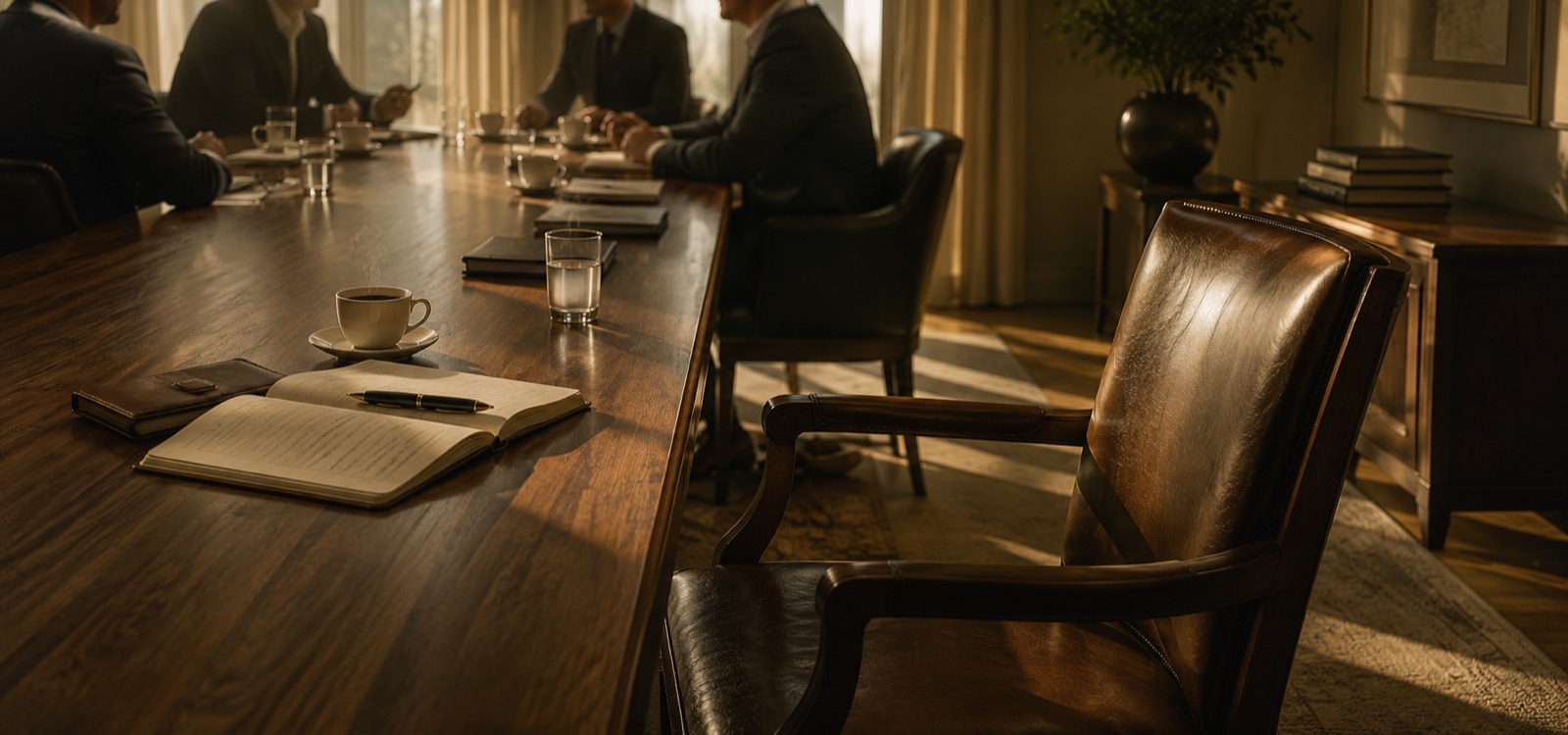 An empty leather chair at the head of a private conference table