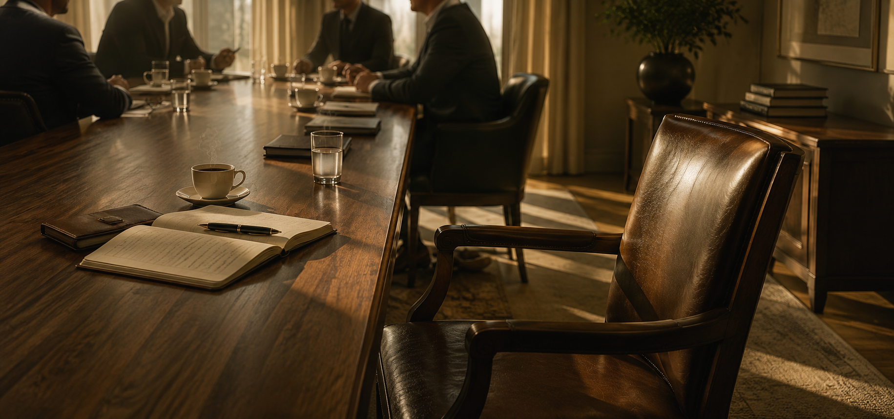 An empty leather chair at the head of a private conference table